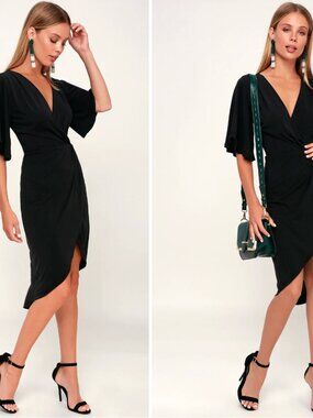 Lulu's Dulcet Washed Black Surplice Midi Dress